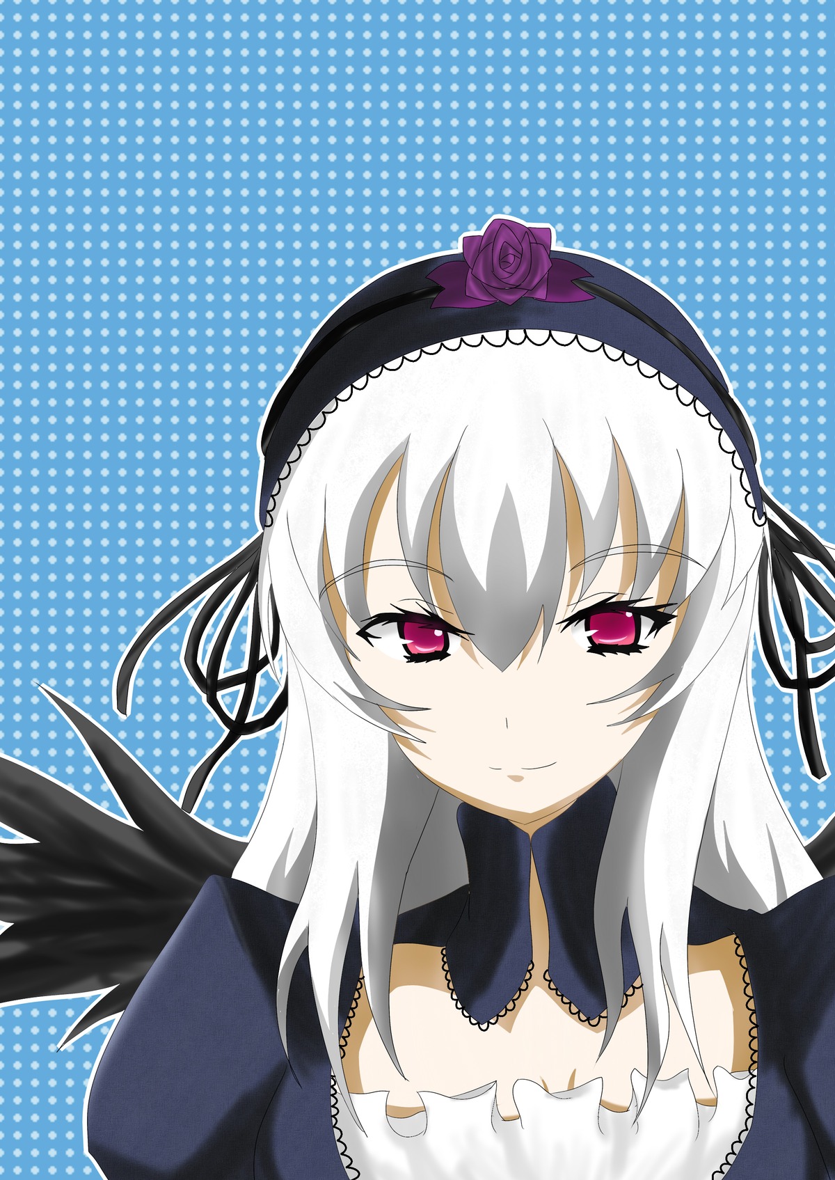 1girl blue_background detached_collar flower hairband halftone halftone_background image lolita_hairband long_hair long_sleeves looking_at_viewer pink_eyes polka_dot polka_dot_background rose silver_hair smile solo suigintou wings