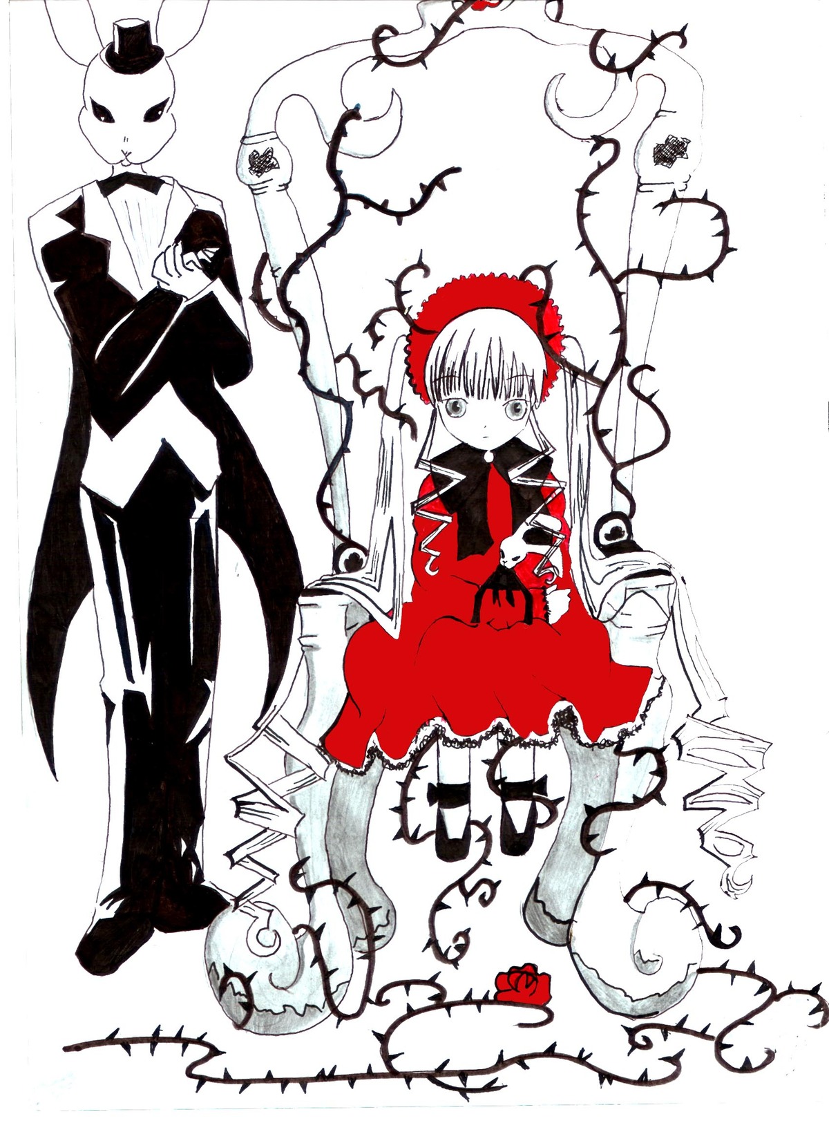 1boy 1girl bonnet bow dress flower image long_hair long_sleeves monochrome rose shinku solo very_long_hair