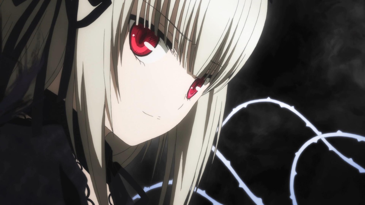 1girl auto_tagged bangs black_dress black_ribbon closed_mouth eyebrows_visible_through_hair hair_ribbon image long_hair looking_at_viewer red_eyes ribbon simple_background smile solo suigintou