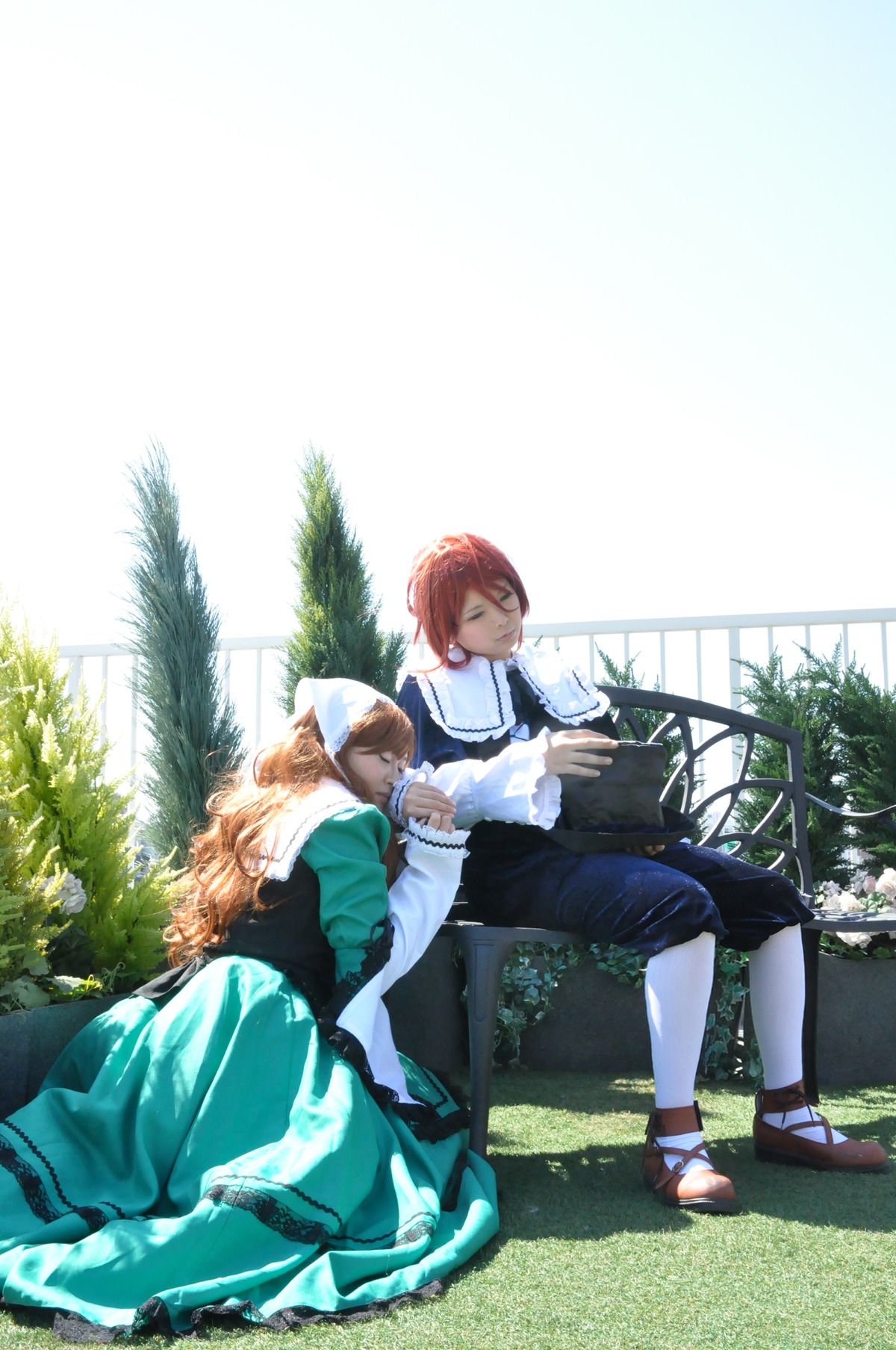 2girls apron blonde_hair brown_hair closed_eyes dress long_hair long_sleeves multiple_cosplay multiple_girls plant red_hair short_hair sitting smile tagme tree