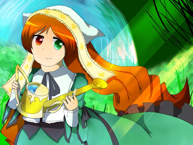 1girl brown_hair dress grass green_dress green_eyes heterochromia holding image long_hair long_sleeves looking_at_viewer red_eyes smile solo suiseiseki very_long_hair water watering_can