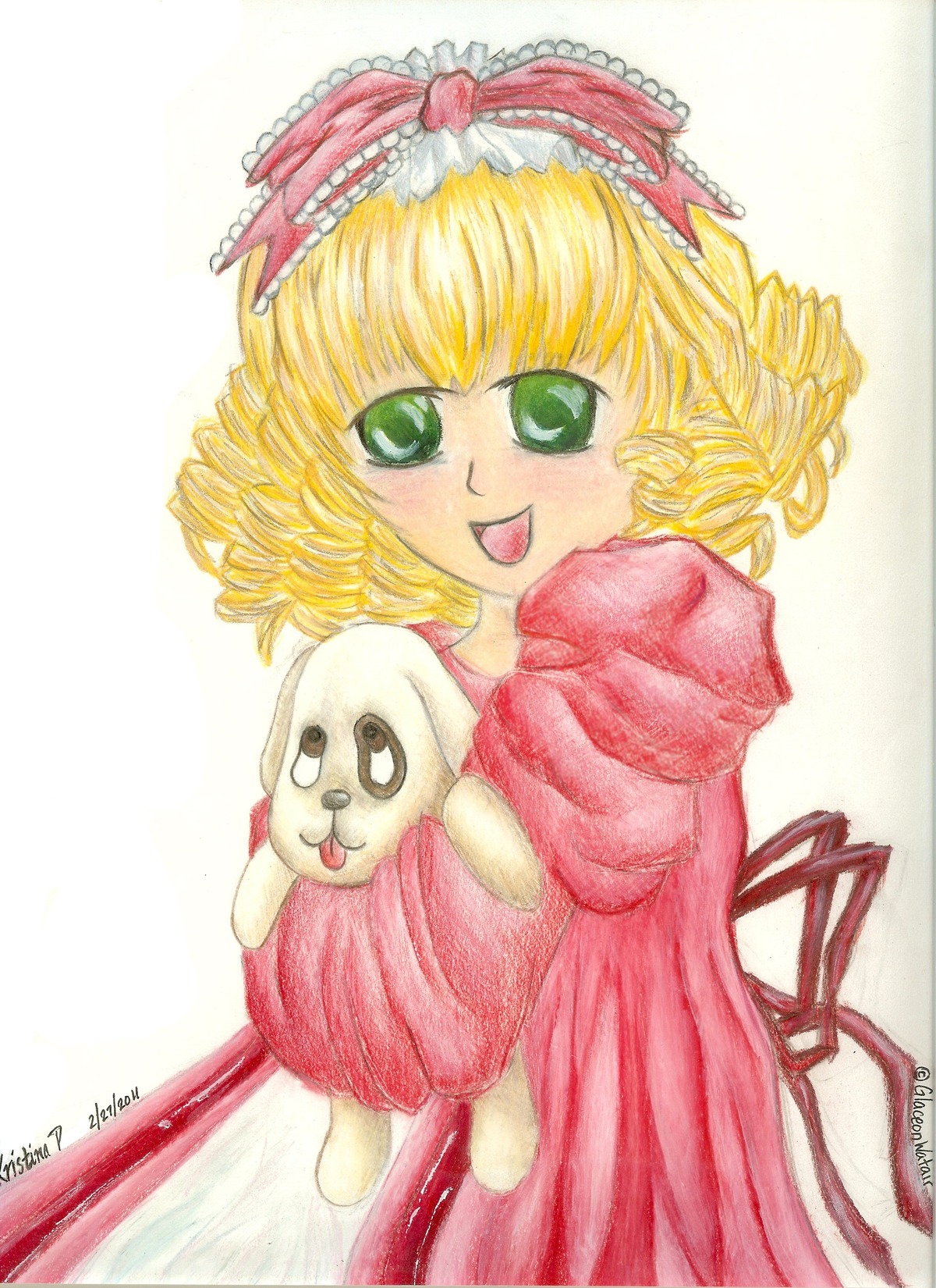 1girl artist_name blonde_hair bow dress green_eyes hina_ichigo hinaichigo image looking_at_viewer pink_bow pink_dress simple_background smile solo striped stuffed_animal traditional_media