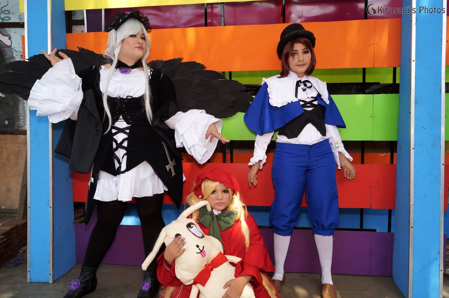 3girls black_legwear blonde_hair dog dress hat long_hair long_sleeves multiple_cosplay multiple_girls pantyhose short_hair standing tagme