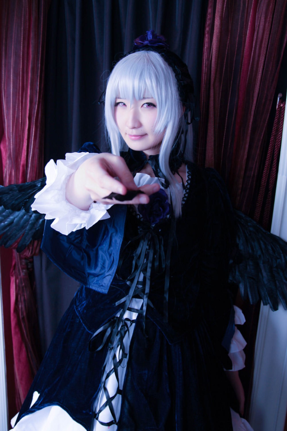 1girl black_dress choker curtains dress frills gothic_lolita lolita_fashion long_sleeves looking_at_viewer smile solo suigintou