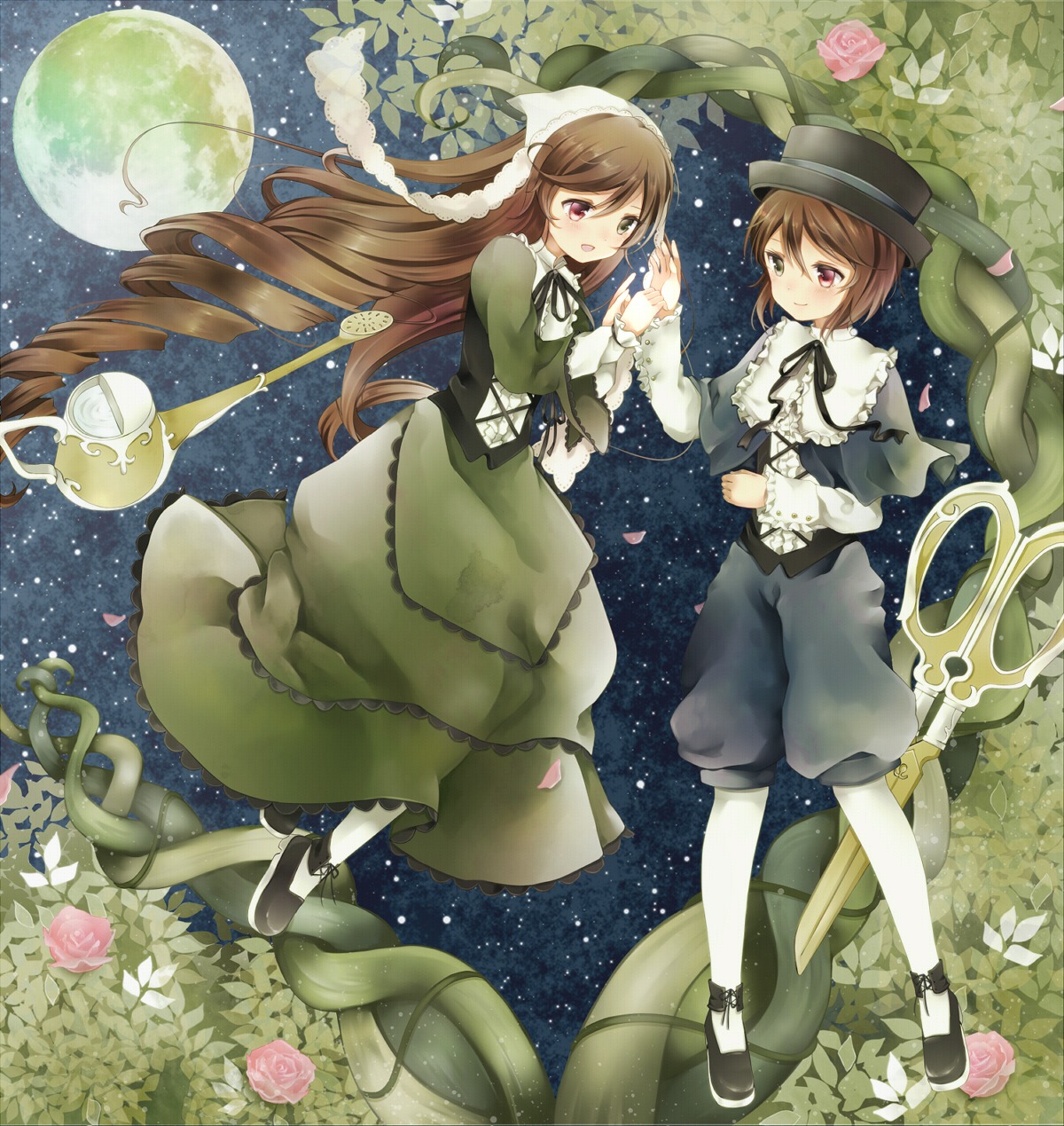 2girls brown_eyes brown_hair dress flower full_moon hat image long_hair moon multiple_girls night night_sky pair pink_flower pink_rose red_rose rose short_hair siblings sky souseiseki star_(sky) starry_sky suiseiseki top_hat twins white_rose yellow_rose