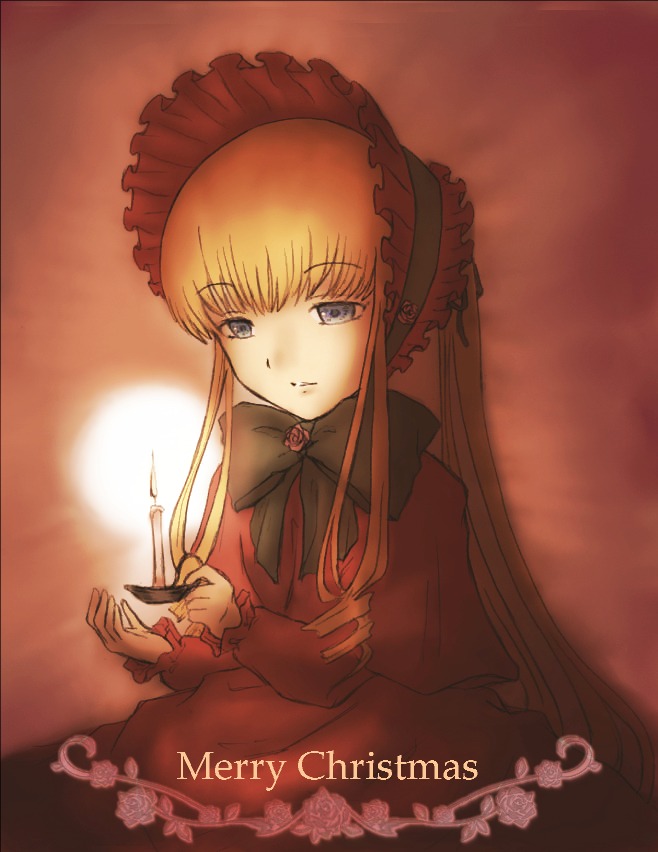 1girl blonde_hair blue_eyes bonnet bow dress flower image long_hair long_sleeves looking_at_viewer rose shinku simple_background solo upper_body