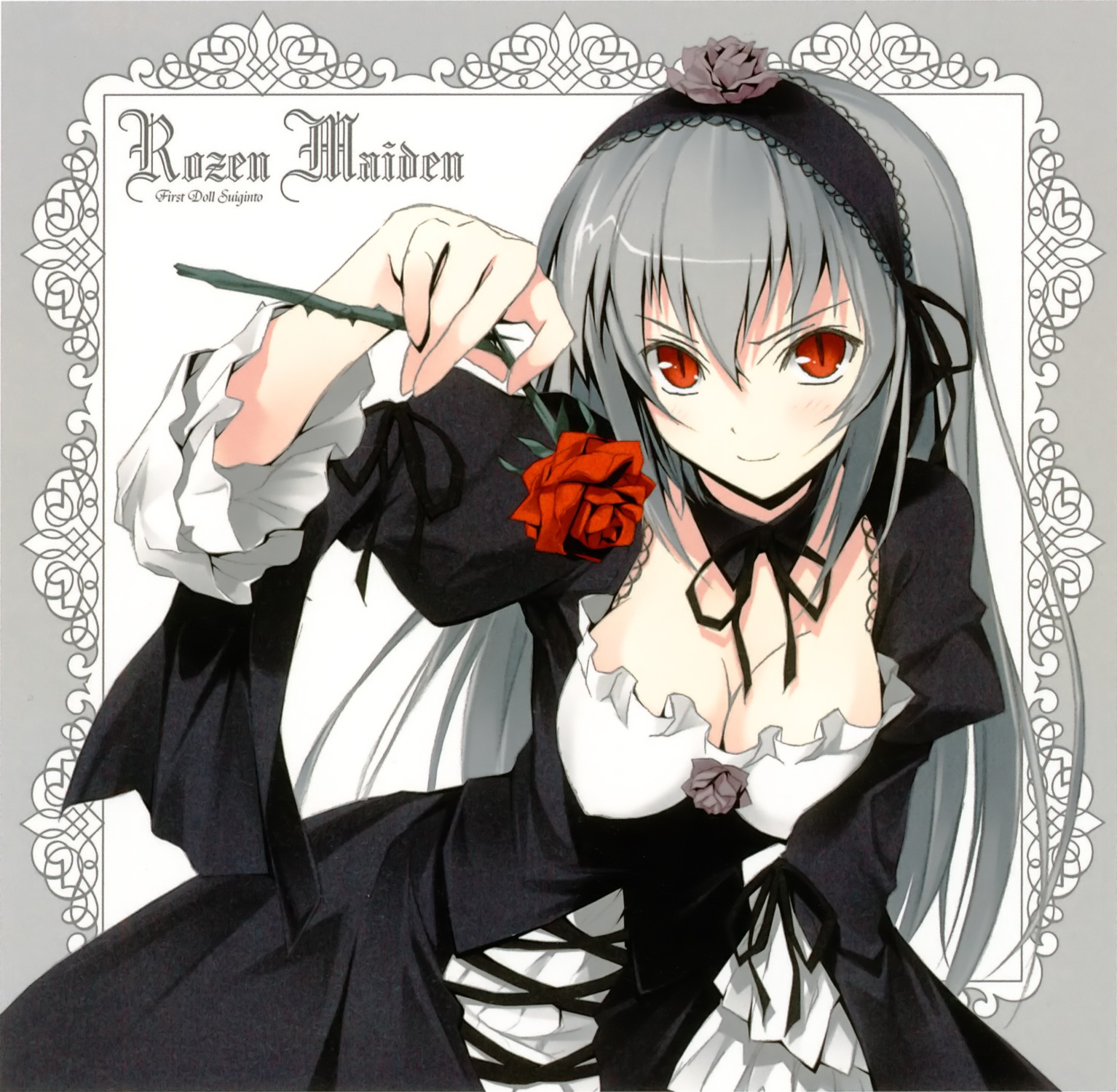 1girl black_dress breasts cleavage dress flower frills gothic_lolita hairband image kantoku large_breasts lolita_fashion long_hair long_sleeves photoshop_(medium) red_eyes red_flower red_rose rose rozen_maiden silver_hair slit_pupils smile solo suigintou