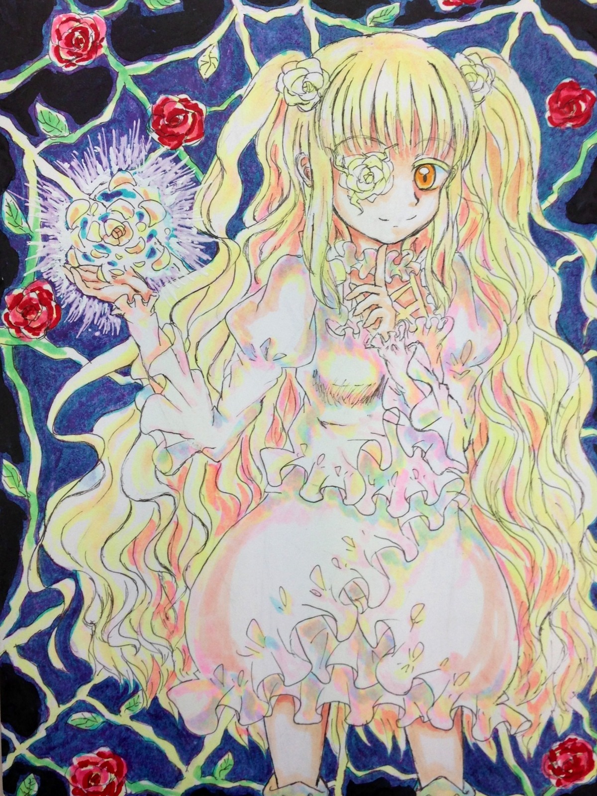 1girl acrylic_paint_(medium) auto_tagged blonde_hair blue_flower blue_rose dress eyepatch flower frills image kirakishou long_hair marker_(medium) orange_flower pink_flower pink_rose plant purple_rose red_flower red_rose rose rose_petals smile solo thorns traditional_media very_long_hair vines watercolor_(medium) wavy_hair white_rose yellow_eyes yellow_flower yellow_rose