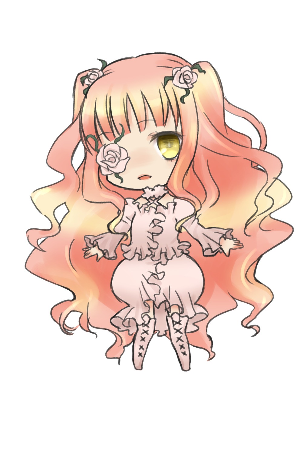 1girl boots cross-laced_footwear dress eyepatch flower full_body hair_flower hair_ornament image kirakishou knee_boots long_hair long_sleeves pink_hair rose solo thorns two_side_up very_long_hair vines white_flower white_rose yellow_eyes