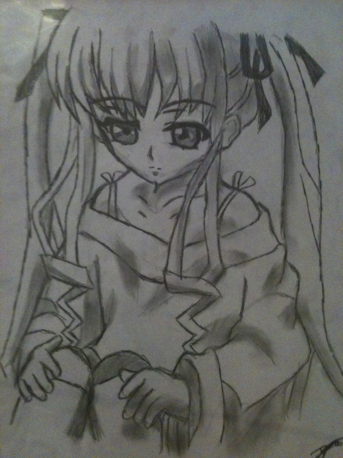1girl collarbone fate_testarossa greyscale hair_ribbon image long_hair long_sleeves monochrome ribbon shinku solo twintails