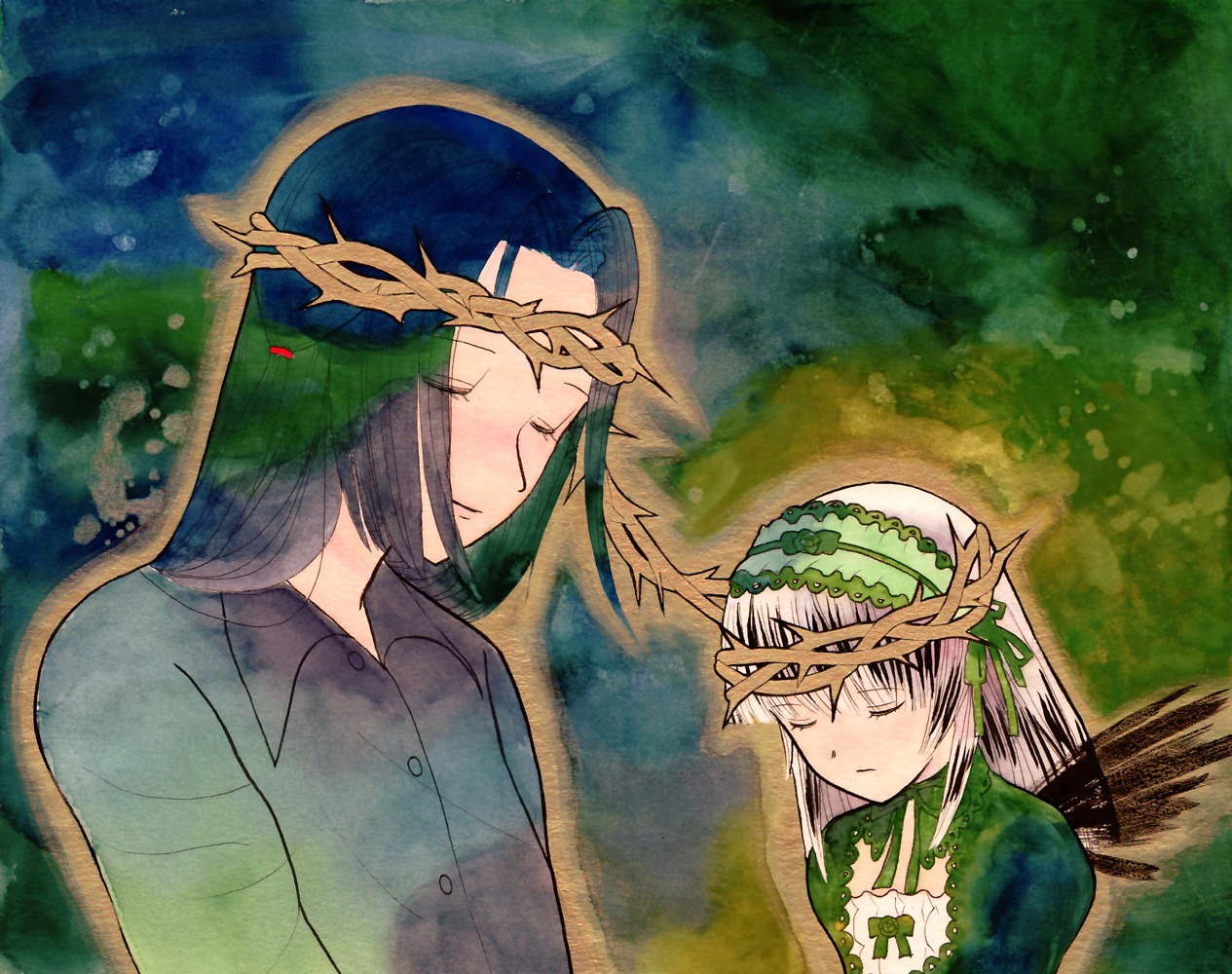 1boy 1girl black_hair blush closed_eyes closed_mouth head_wreath image solo suigintou upper_body