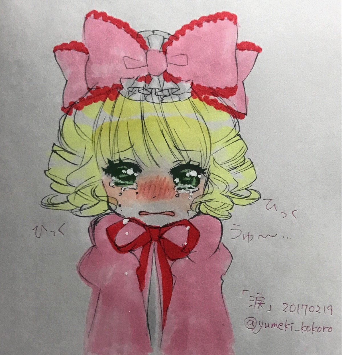 1girl blush bow crying crying_with_eyes_open dated dress eyebrows_visible_through_hair green_eyes green_hair grey_background hair_bow hinaichigo image kagiyama_hina long_sleeves looking_at_viewer photo puffy_sleeves ribbon short_hair solo tears traditional_media