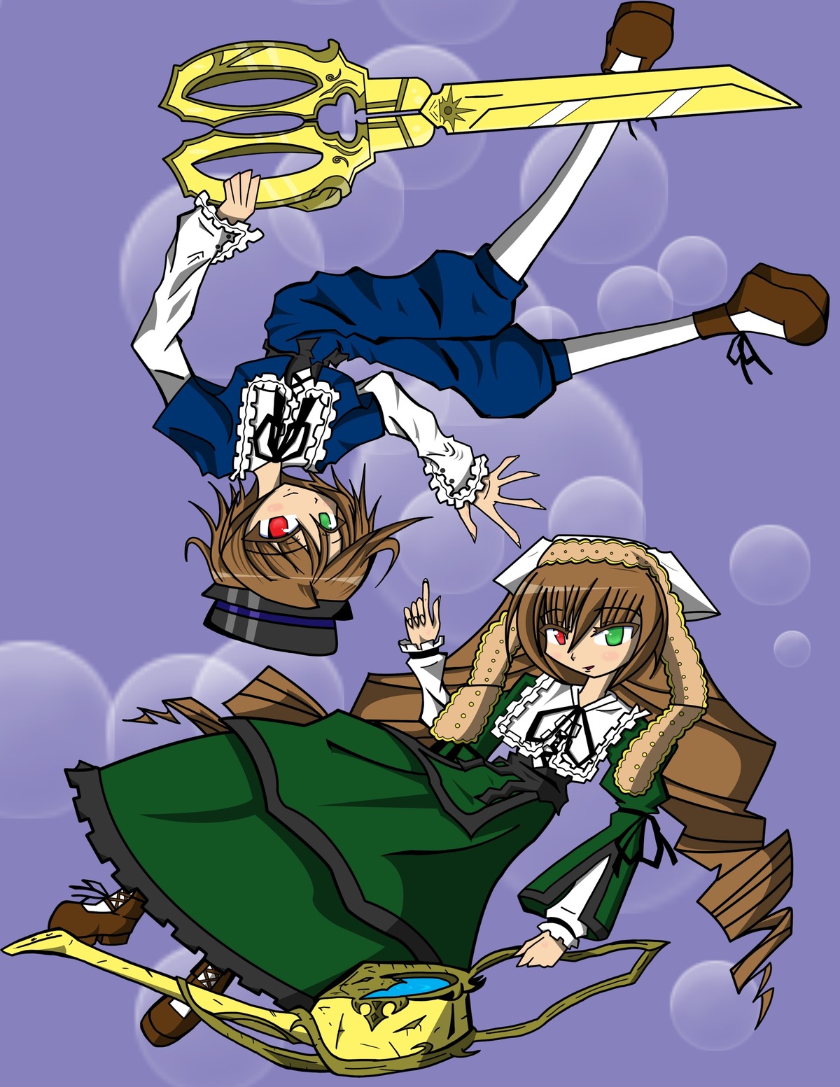 2girls blue_dress brown_hair dress full_body green_dress green_eyes hat head_scarf heterochromia image long_hair long_sleeves looking_at_viewer multiple_girls pair red_eyes short_hair siblings sisters souseiseki suiseiseki top_hat twins