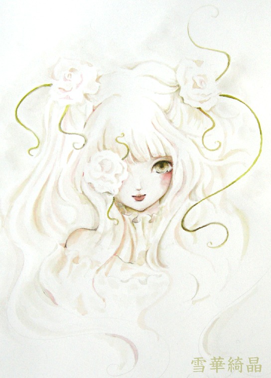 1girl blush flower hair_flower hair_ornament image kirakishou long_hair solo traditional_media