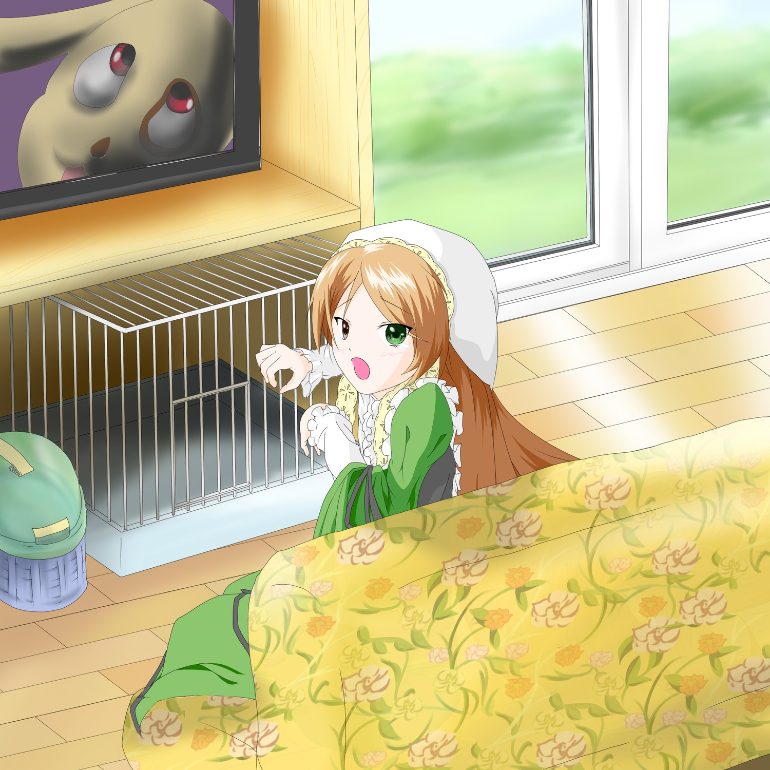 1girl brown_hair dress floral_print green_dress green_eyes hat heterochromia image long_hair open_mouth pokemon_(creature) solo suiseiseki tears