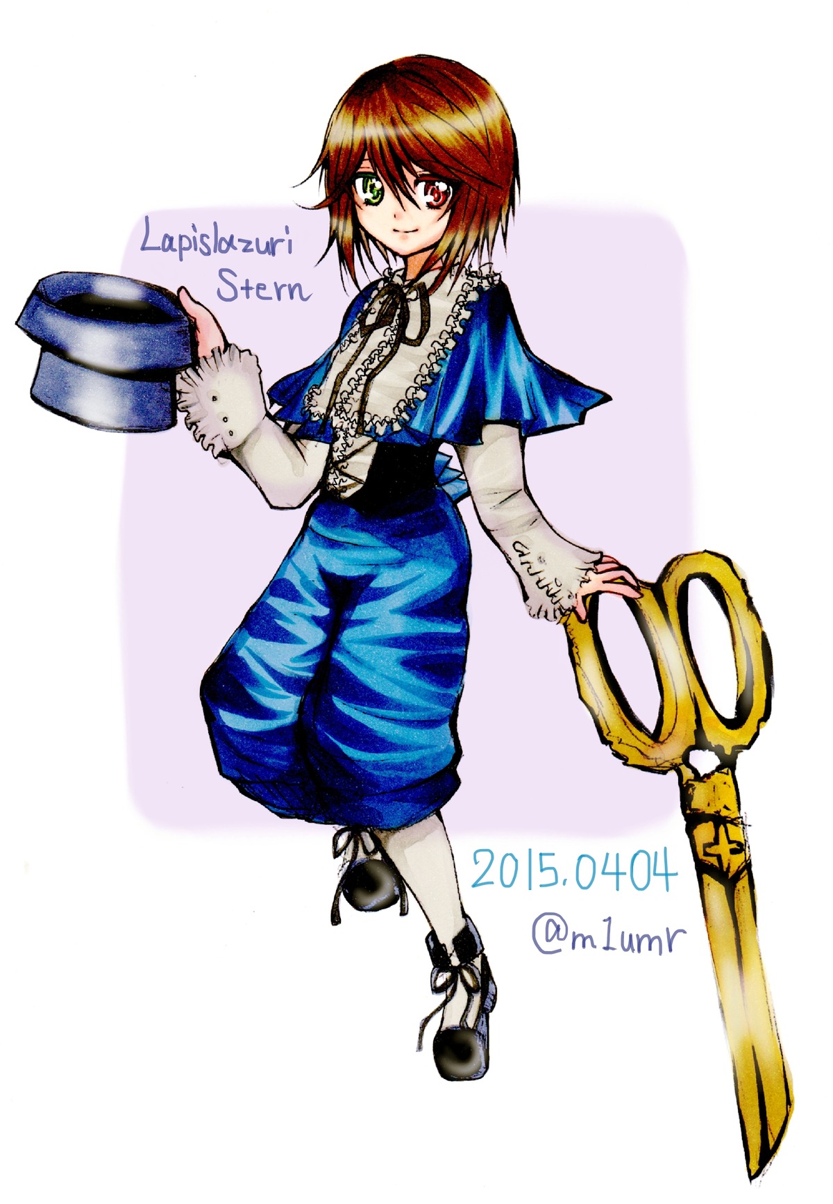 brown_hair full_body green_eyes heterochromia image long_sleeves red_eyes short_hair smile solo souseiseki