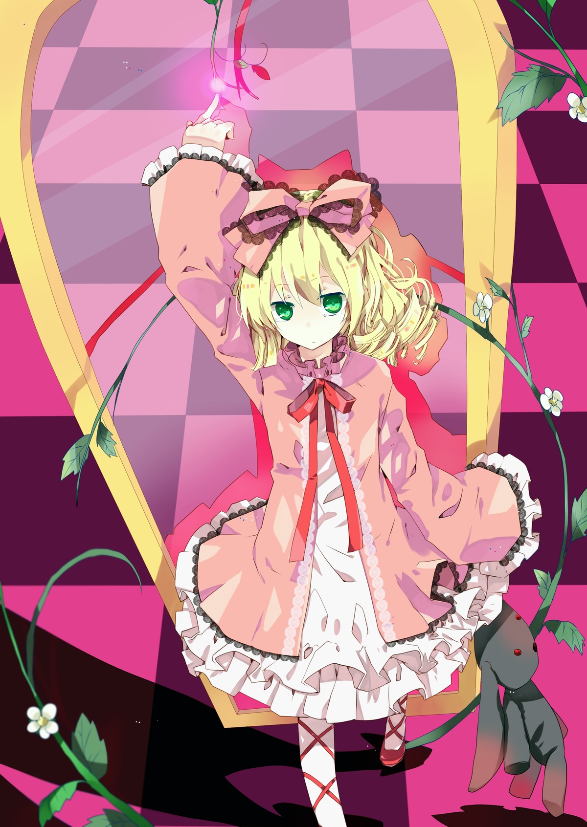 1girl animal argyle argyle_background argyle_legwear auto_tagged blonde_hair bow checkered checkered_background checkered_floor chess_piece dress flower frills green_eyes hair_bow hina_ichigo hinaichigo image perspective plant ribbon short_hair solo tile_floor tiles vines
