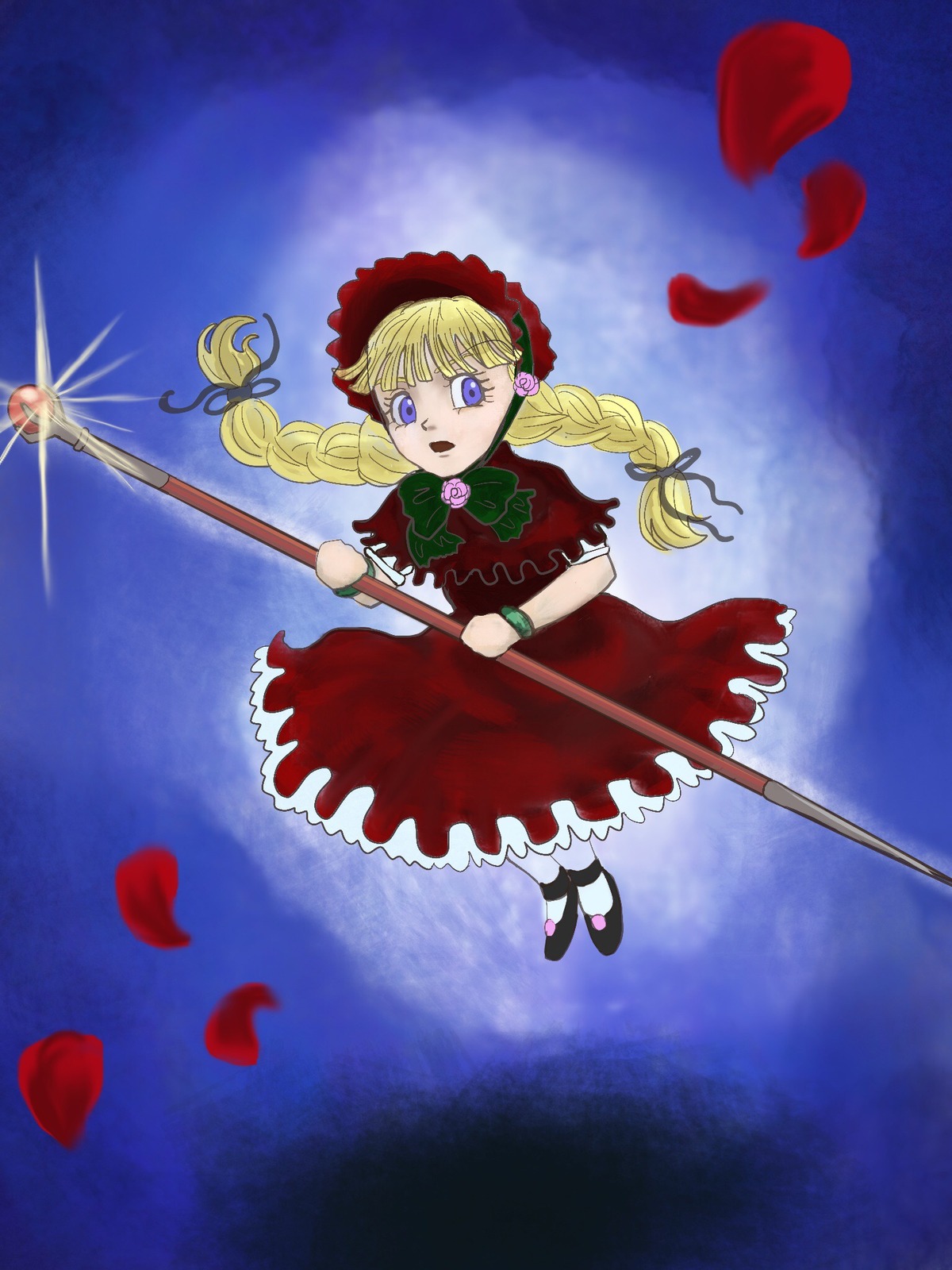 1girl blonde_hair blue_background blue_eyes bonnet braid dress flower flying green_bow hat image long_hair night open_mouth petals red_dress rose rose_petals shinku shoes solo twin_braids twintails