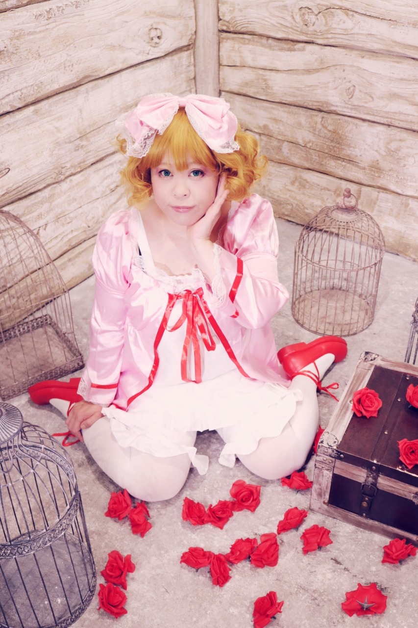 1girl birdcage blonde_hair blue_eyes cage dress flower hinaichigo kagamine_rin lips pantyhose red_flower red_rose ribbon rose sitting smile solo watercolor_(medium)