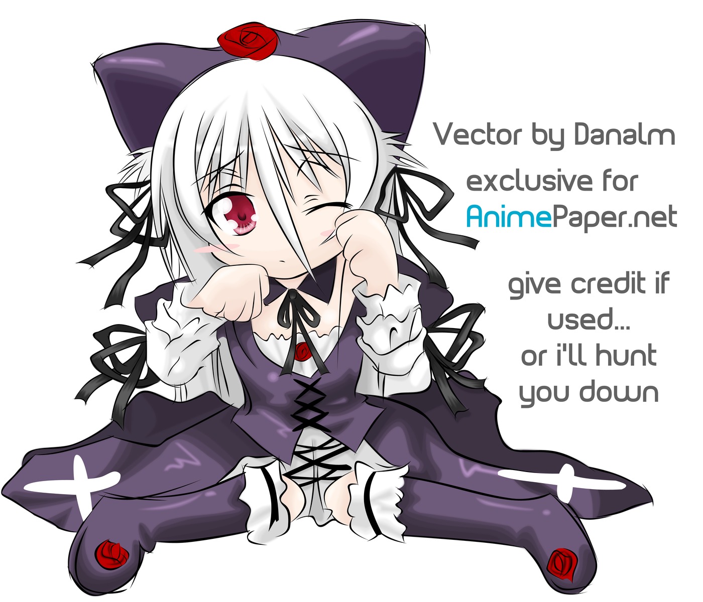 1girl animal_ears boots cat_ears english_text hat image knee_boots long_sleeves one_eye_closed red_eyes ribbon sitting solo striped striped_legwear suigintou thighhighs white_hair
