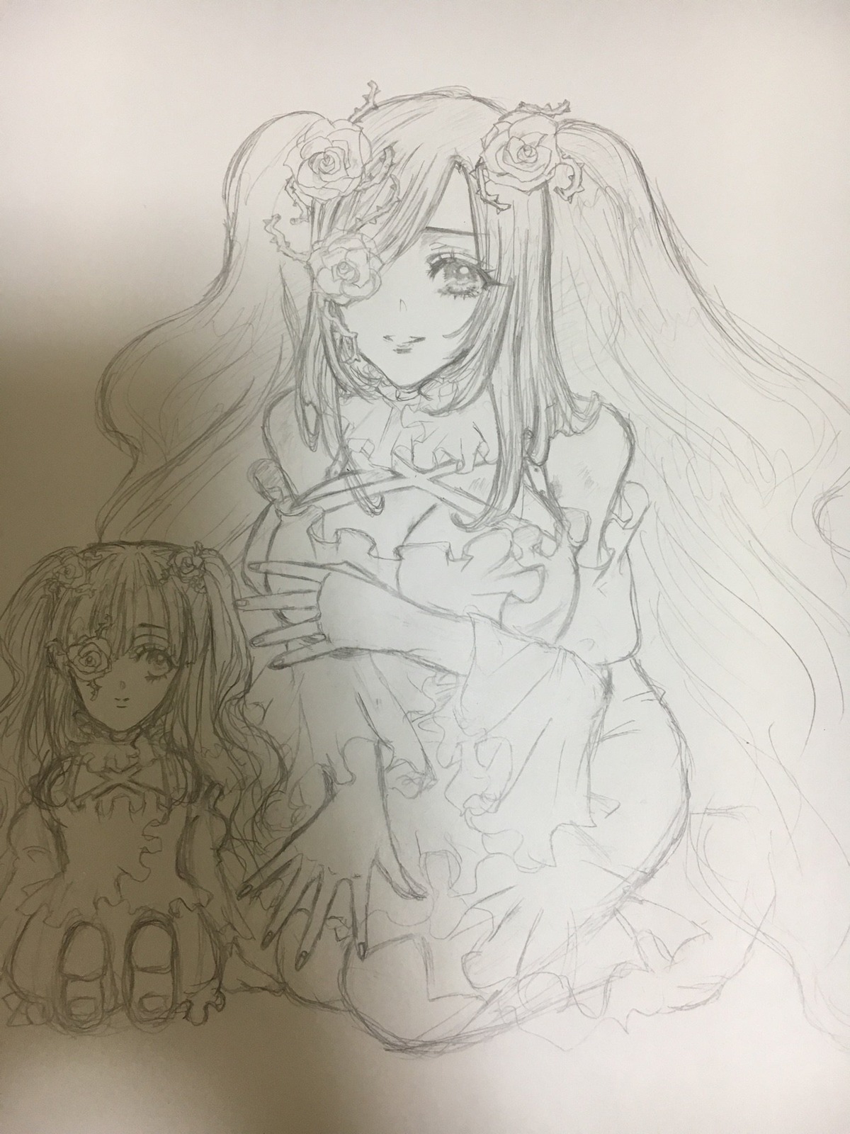 bow dress flower frills hair_flower hair_ornament image kirakishou long_hair monochrome multiple_girls rose smile solo traditional_media twintails