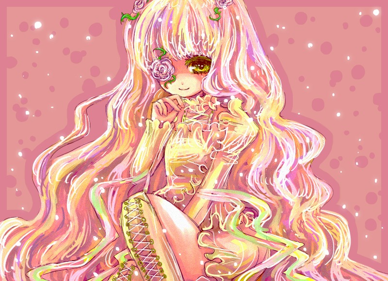 1girl blonde_hair boots dress flower image kirakishou long_hair long_sleeves looking_at_viewer pink_hair polka_dot polka_dot_background rose sitting smile solo thorns very_long_hair vines yellow_eyes