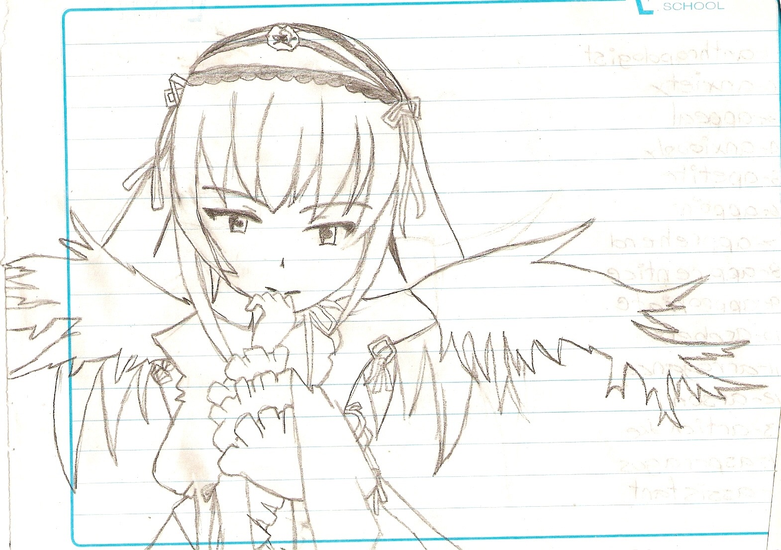 1girl auto_tagged blush dress feathered_wings frills hairband image long_hair long_sleeves looking_at_viewer monochrome simple_background solo suigintou white_background wings