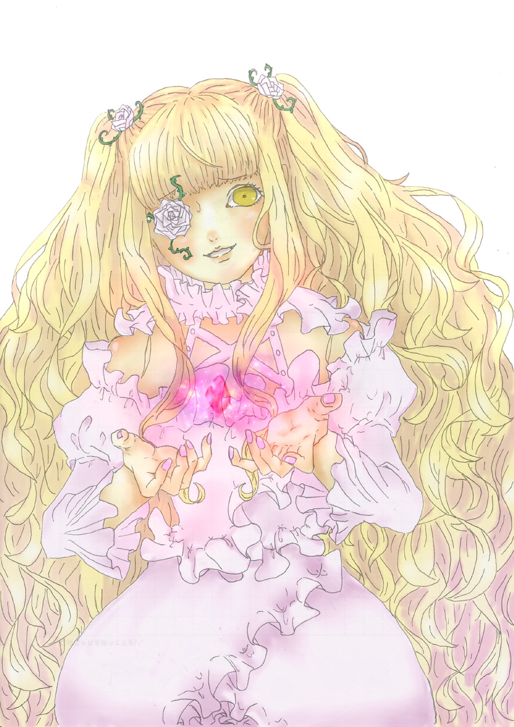 1girl blonde_hair dress eyepatch flower frills hair_flower hair_ornament image kirakishou long_hair nail_polish rose solo striped vertical_stripes very_long_hair wavy_hair yellow_eyes