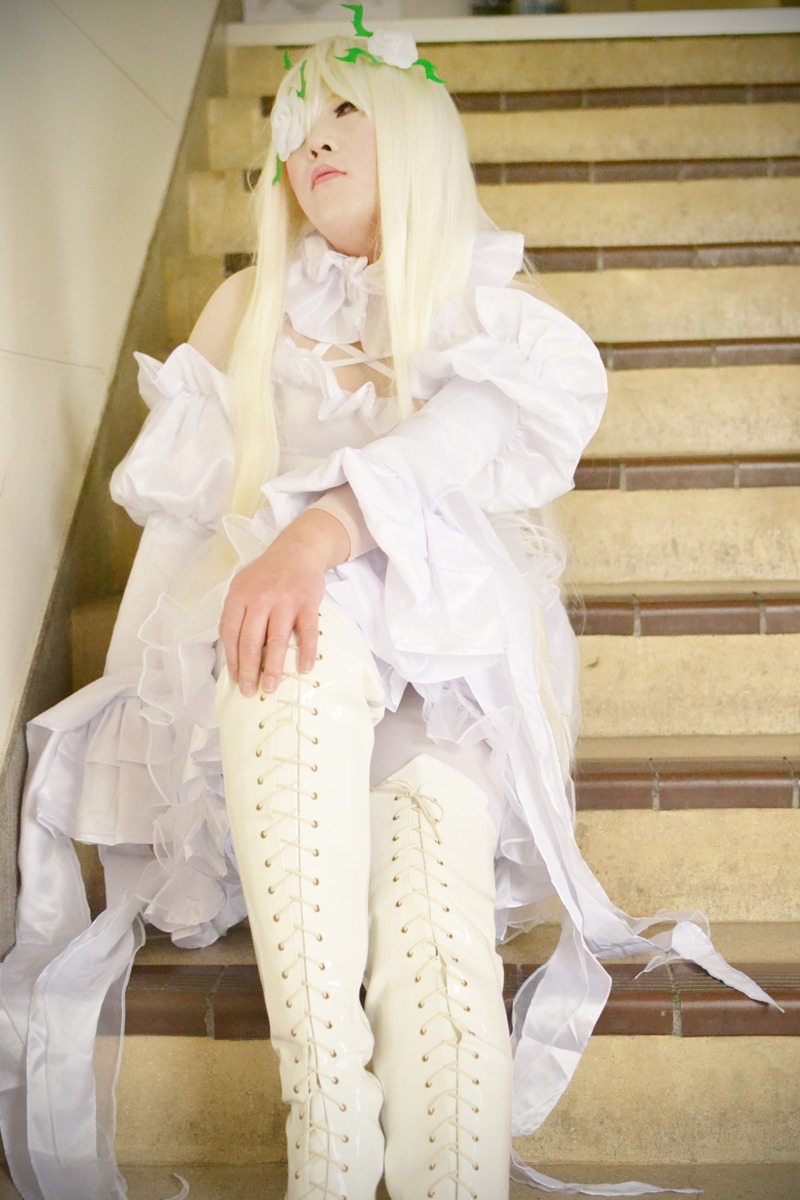 1girl blonde_hair dress flower kirakishou lips long_hair monster_girl sitting solo white_dress white_hair
