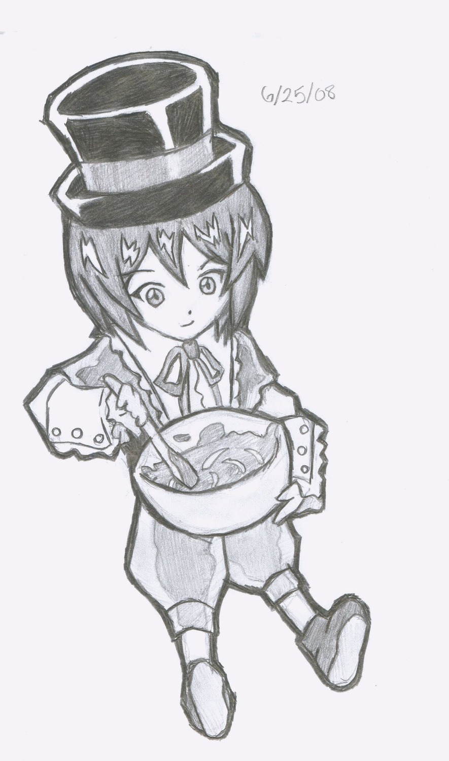 1girl blue_theme bowl dated full_body greyscale hat holding image long_sleeves monochrome ribbon short_hair smile solo souseiseki
