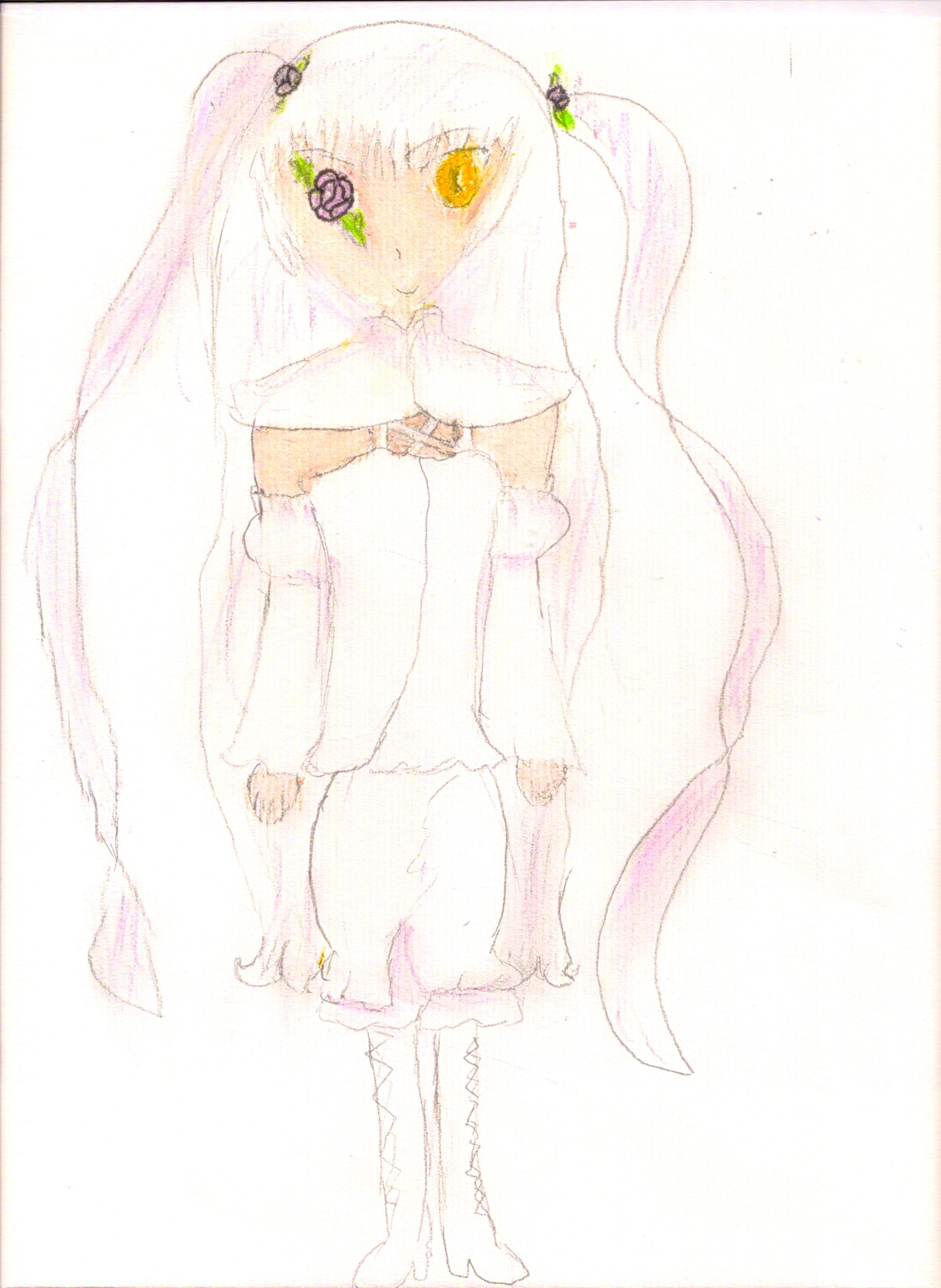 1girl auto_tagged bare_shoulders boots dress hatsune_miku image kirakishou knee_boots long_hair solo striped twintails vertical_stripes very_long_hair white_hair yellow_eyes