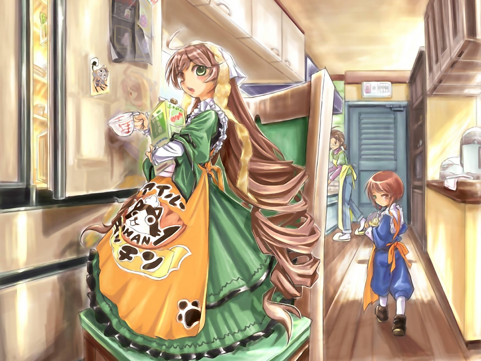 1boy 2girls 3girls apron blonde_hair brown_hair dress drill_hair green_dress green_eyes head_scarf image long_hair multiple_girls pair souseiseki suiseiseki twin_drills very_long_hair