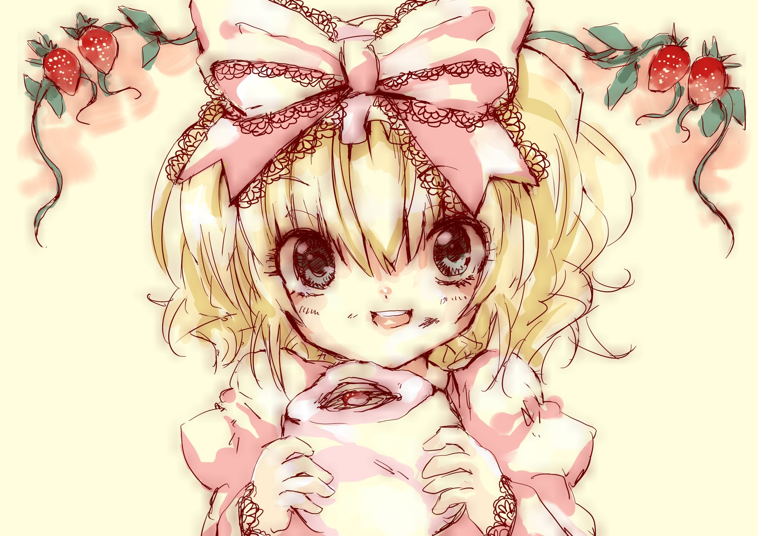 1girl apple blonde_hair cherry food food_on_face fruit grapes hina_ichigo hinaichigo holding_food holding_fruit image pastry puffy_sleeves short_hair solo strawberry tomato upper_body watermelon