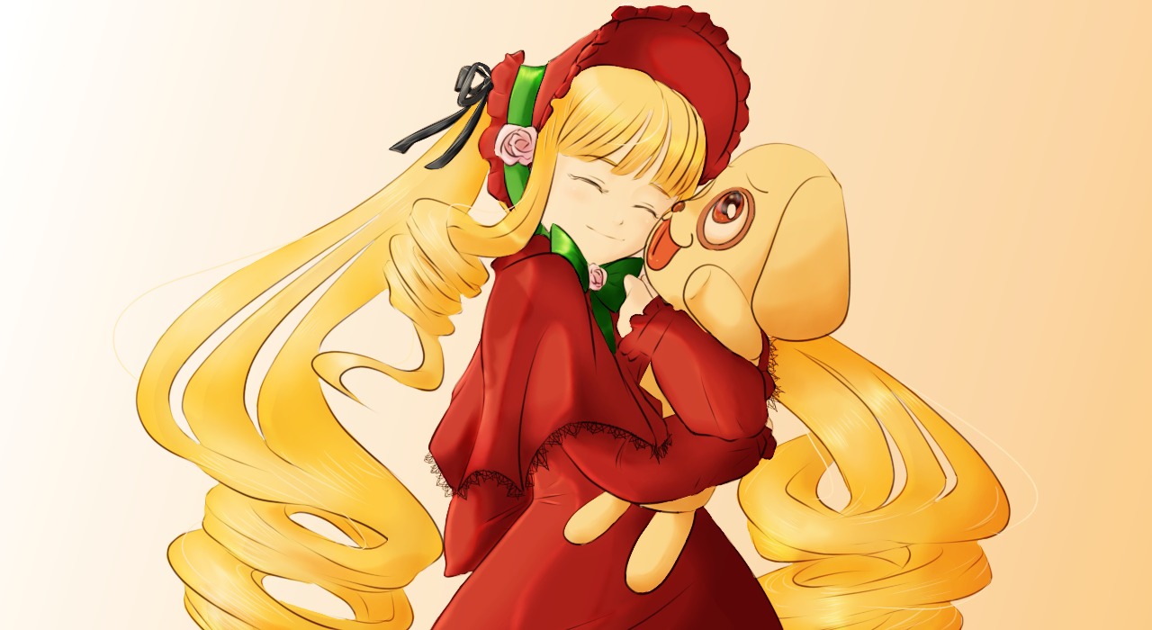 1girl blonde_hair bonnet closed_eyes dress drill_hair flower image long_hair rose shinku smile solo twin_drills very_long_hair