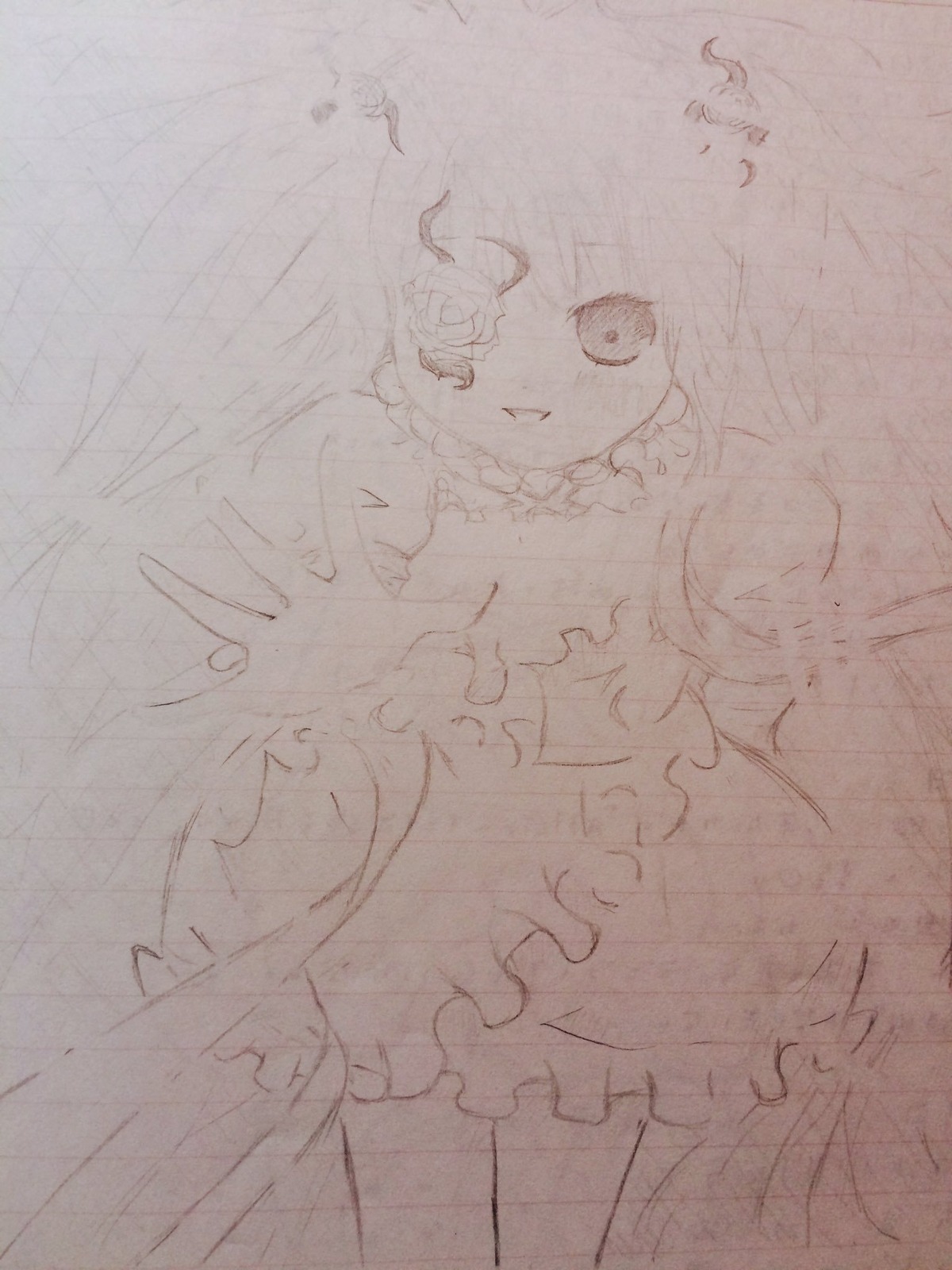 1girl dress frilled_dress frills image kirakishou looking_at_viewer monochrome sketch smile solo standing