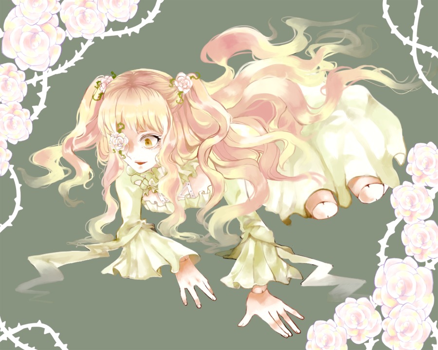 1girl blonde_hair dress flower hair_flower hair_ornament image kirakishou long_hair pink_flower pink_hair pink_rose rose solo thorns very_long_hair white_flower white_rose yellow_eyes