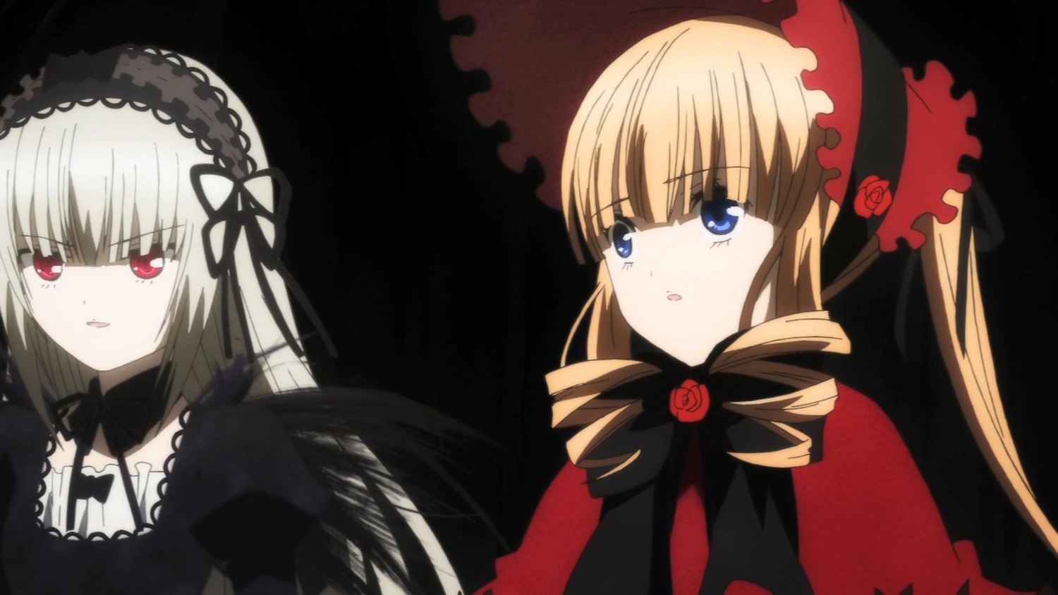 2girls blonde_hair blue_eyes bonnet bow dress drill_hair flower hairband image long_hair multiple_girls pair red_eyes rose shinku silver_hair suigintou twin_drills twintails