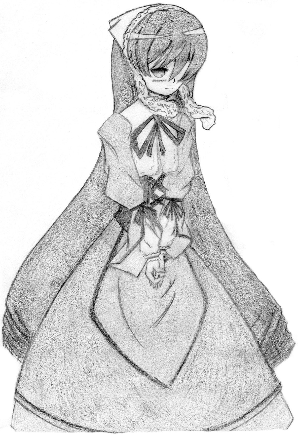 1girl dress frills greyscale image long_hair long_sleeves looking_at_viewer monochrome ribbon simple_background smile solo suiseiseki very_long_hair white_background