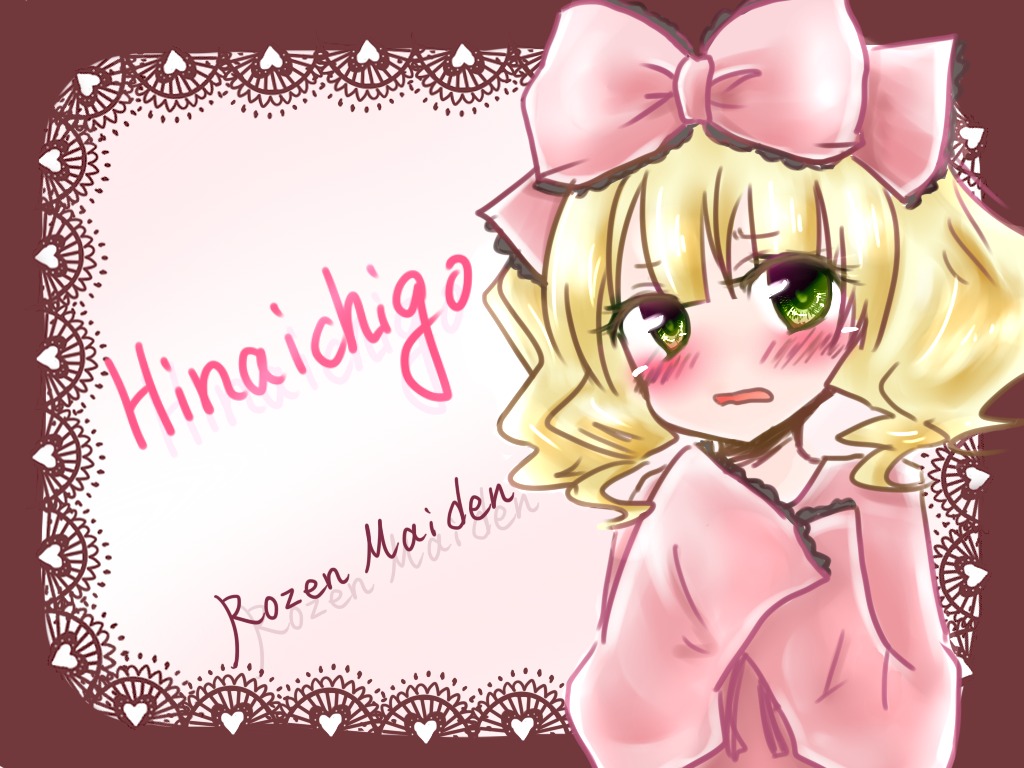 1girl blonde_hair blush bow green_eyes hair_bow heart hina_ichigo hinaichigo image long_sleeves looking_at_viewer open_mouth pink_bow short_hair solo upper_body