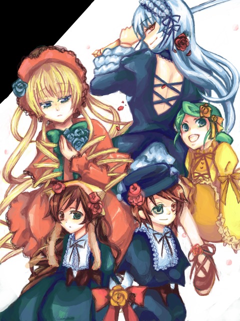 blonde_hair blue_dress blue_eyes bonnet bow brown_hair dress flower frills green_hair hat hina_ichigo image kanaria long_hair long_sleeves looking_at_viewer multiple multiple_girls pink_bow rose shinku short_hair siblings silver_hair sisters smile souseiseki suigintou suiseiseki tagme very_long_hair