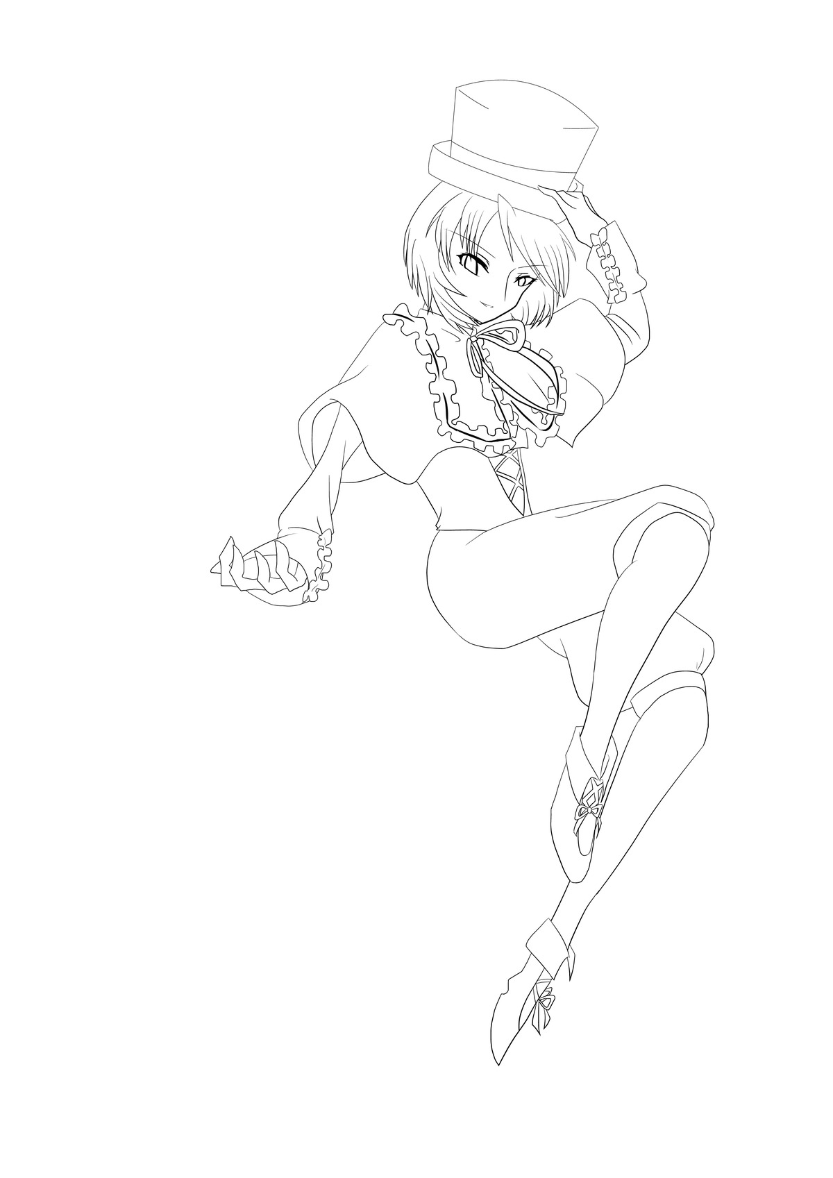 1girl boots capelet crossed_legs frills full_body greyscale hat image long_sleeves looking_at_viewer monochrome short_hair sitting solo souseiseki striped