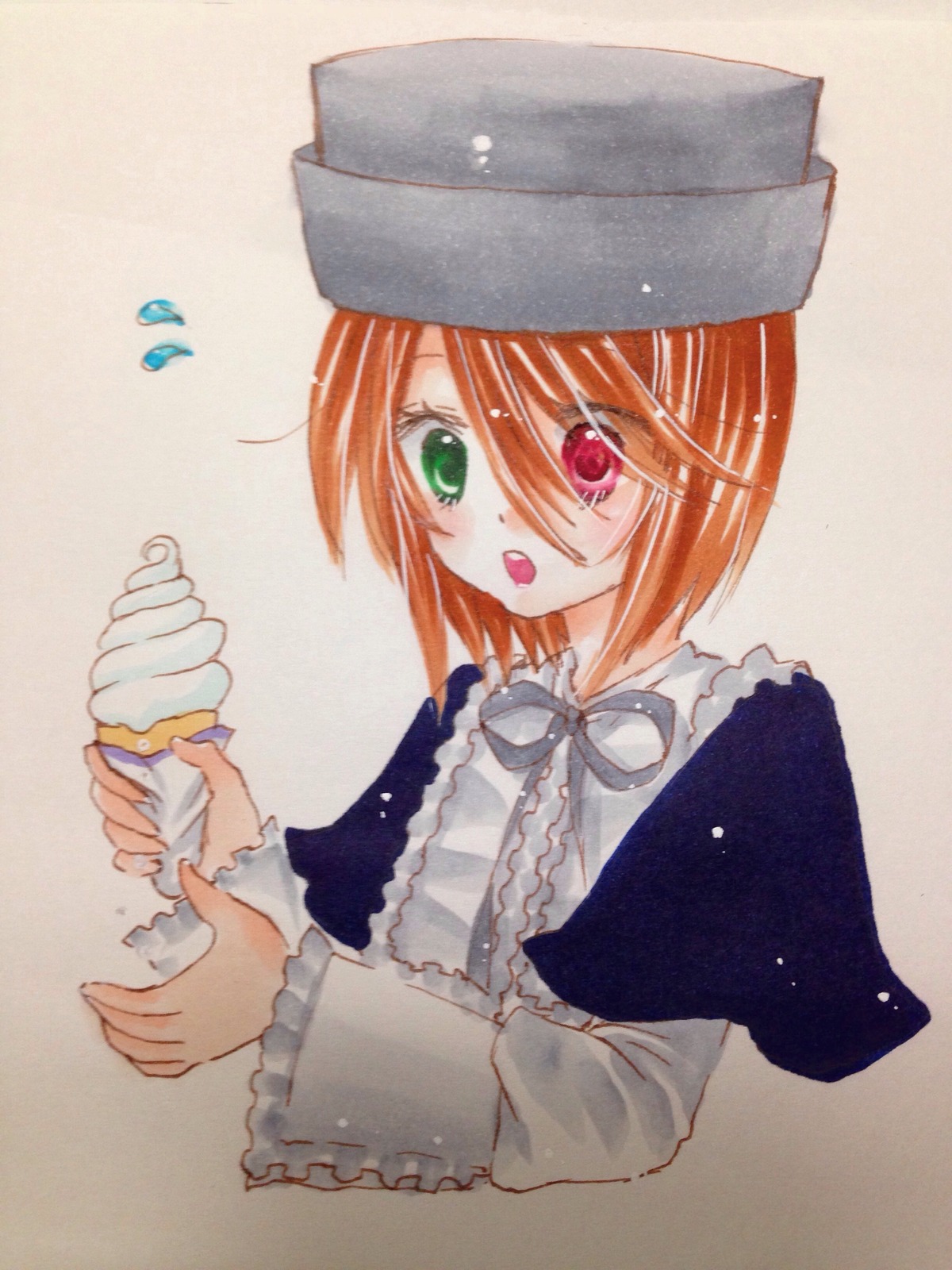 1girl :o dress flying_sweatdrops food frills green_eyes hat heterochromia holding holding_food ice_cream ice_cream_cone image long_sleeves open_mouth red_eyes short_hair simple_background solo souseiseki upper_body yumeki_kokoro