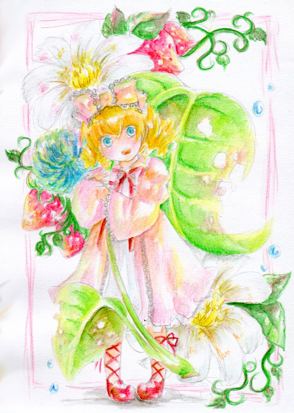 1girl blonde_hair blue_eyes bow dress flower food fruit full_body hinaichigo image leaf lily_of_the_valley long_hair long_sleeves looking_at_viewer rain ribbon smile solo standing strawberry traditional_media very_long_hair