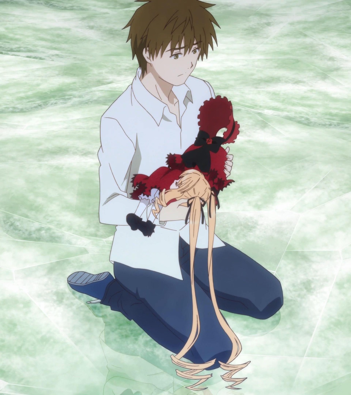 1boy 1girl blonde_hair brown_hair emiya_shirou gloves hair_ribbon image long_hair ribbon shinku shirt solo twintails
