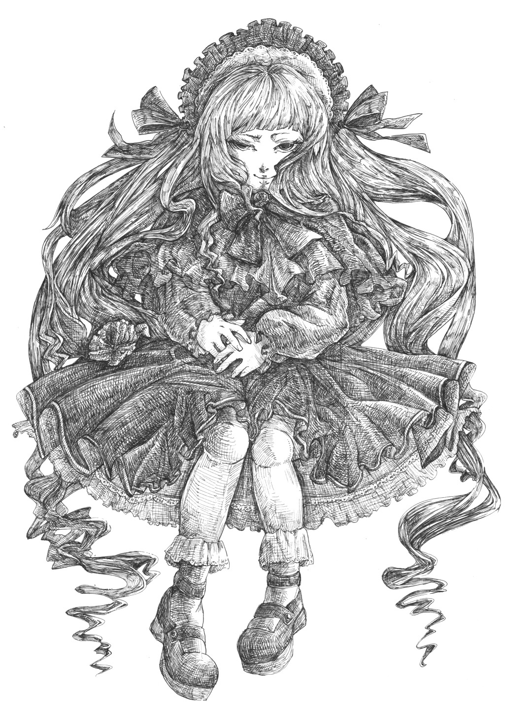 1girl bonnet dress frills graphite_(medium) greyscale image long_hair long_sleeves monochrome ribbon shinku shoes solo traditional_media very_long_hair