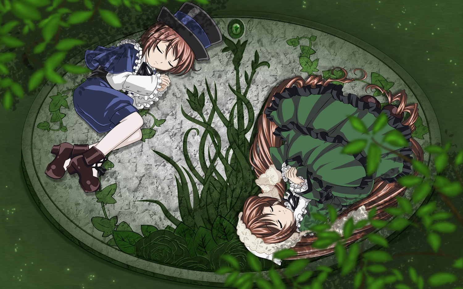 blue_dress bow brown_hair closed_eyes dress flower frills green_dress hat image long_sleeves multiple_girls pair short_hair siblings sisters souseiseki suiseiseki twins