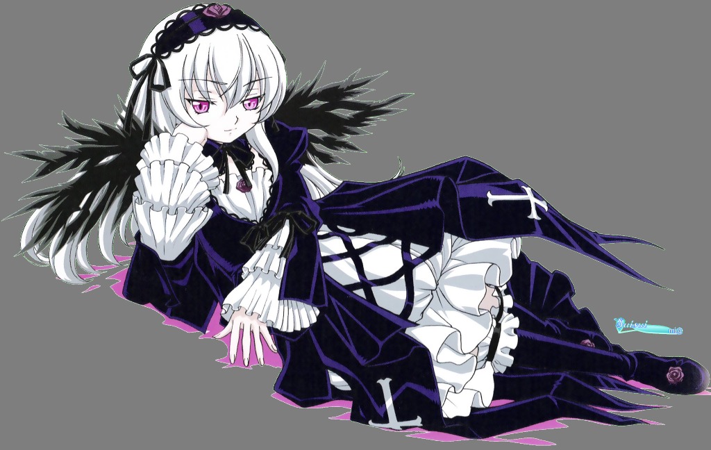 1girl black_wings boots dress frilled_sleeves frills full_body green_background hairband image lolita_hairband long_hair long_sleeves looking_at_viewer pink_eyes ribbon silver_hair solo suigintou wings
