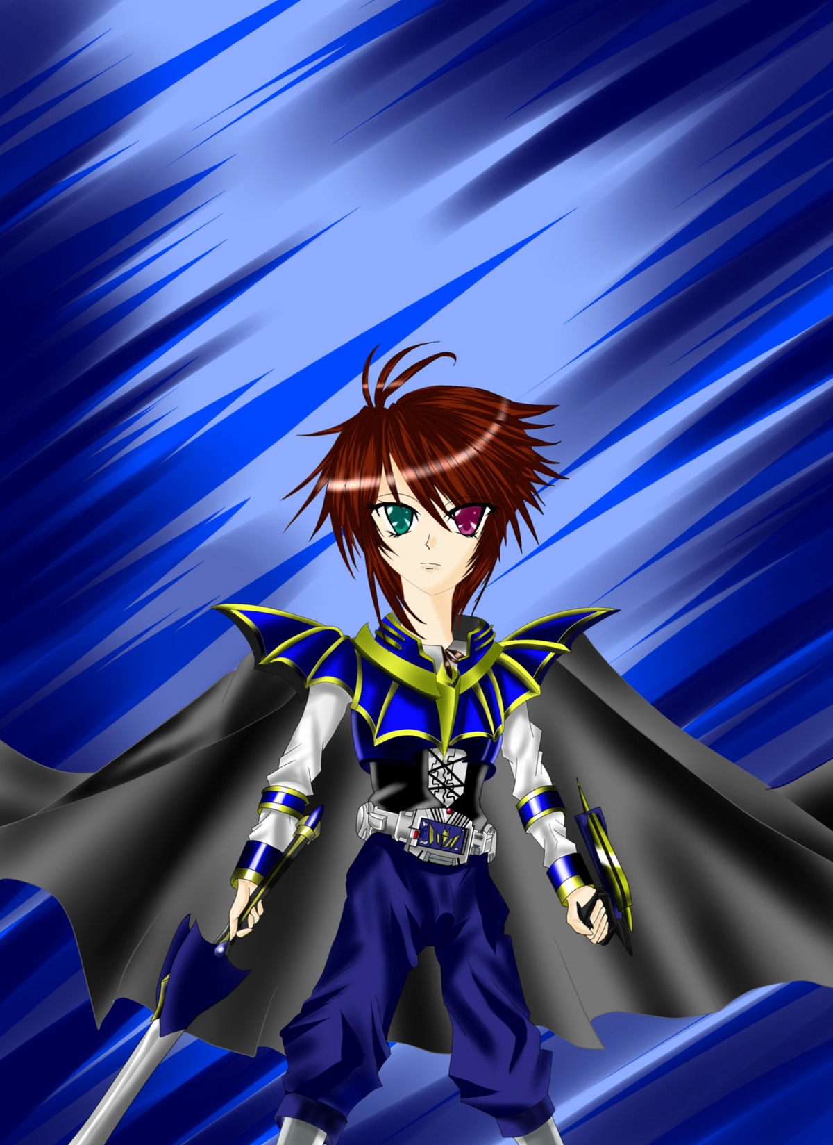 1boy auto_tagged belt black_pants brown_hair cape green_eyes heterochromia holding holding_weapon image looking_at_viewer pants red_eyes serious solo souseiseki standing sword weapon