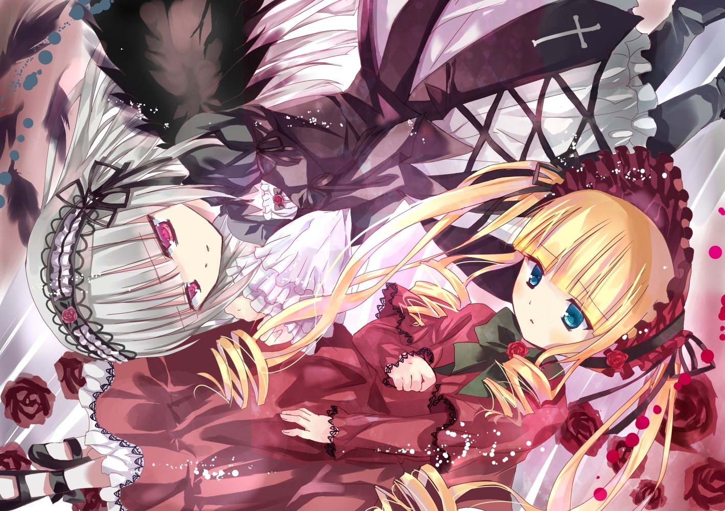 2girls auto_tagged blonde_hair blue_eyes bonnet bow dress drill_hair flower frills hairband image lolita_fashion long_hair long_sleeves multiple_girls pair red_flower red_rose rose shinku silver_hair suigintou twin_drills twintails