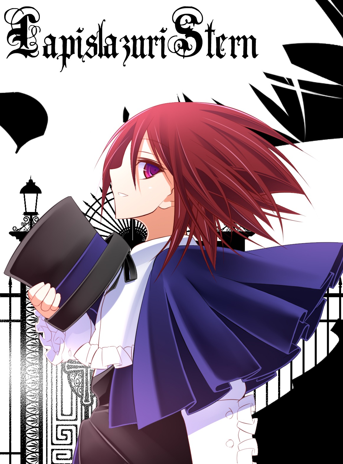 1girl black_ribbon capelet frills holding image long_sleeves looking_at_viewer purple_eyes red_hair ribbon short_hair solo souseiseki white_background white_shirt